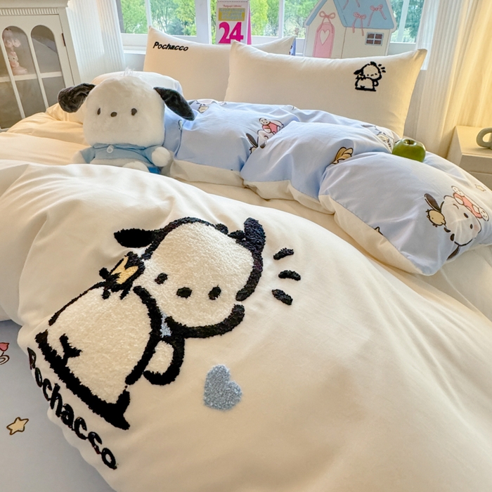 91家纺网 家纺一手货源 找家纺 艾特你 2025新款三丽鸥水洗云朵棉毛巾绣四件套-三丽鸥 调皮狗-白