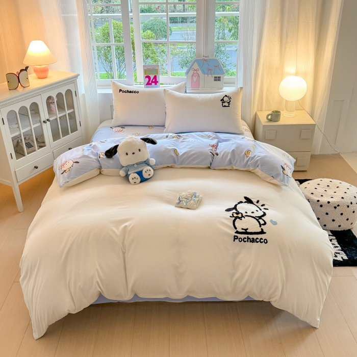 91家纺网 家纺一手货源 找家纺 艾特你 2025新款三丽鸥水洗云朵棉毛巾绣四件套-三丽鸥 调皮狗-白