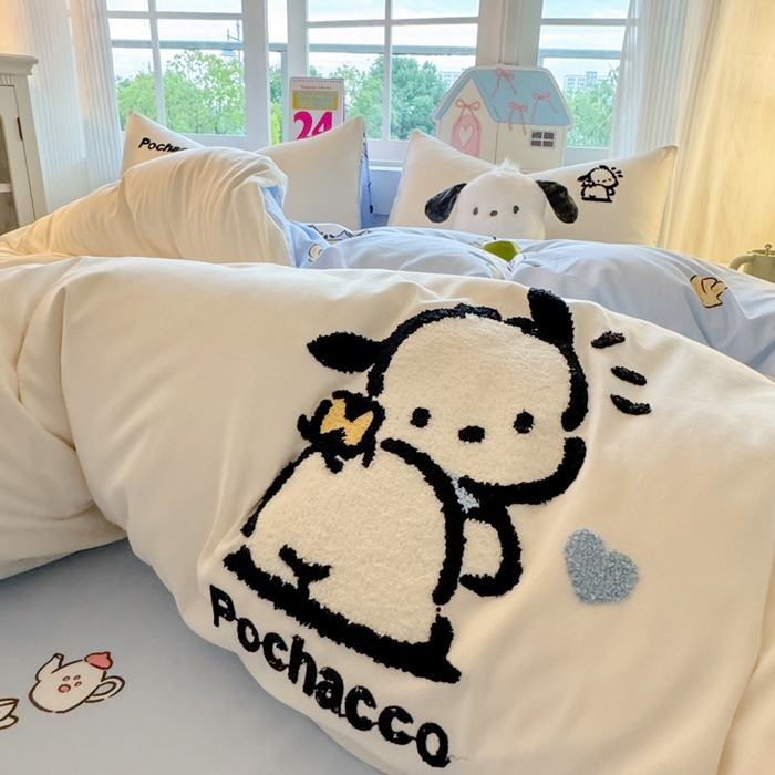 91家纺网 家纺一手货源 找家纺 艾特你 2025新款三丽鸥水洗云朵棉毛巾绣四件套-三丽鸥 调皮狗-白