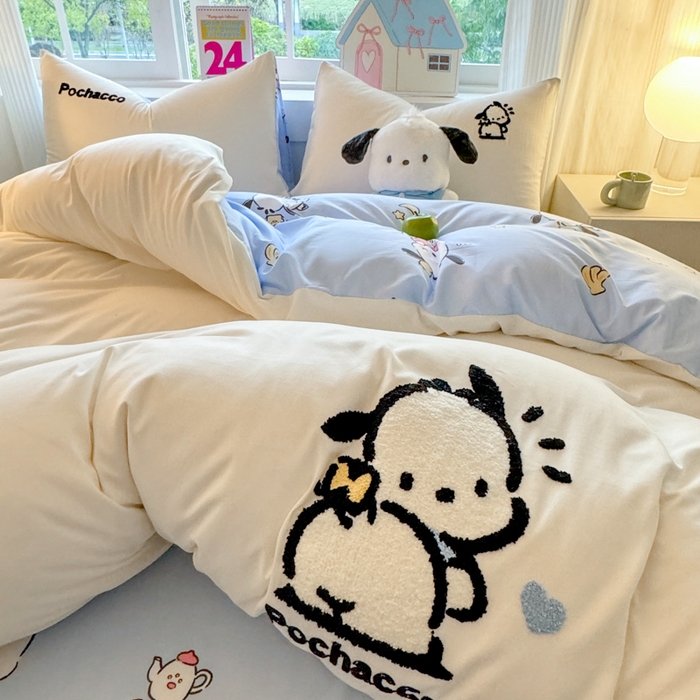 91家纺网 家纺一手货源 找家纺 艾特你 2025新款三丽鸥水洗云朵棉毛巾绣四件套-三丽鸥 调皮狗-白