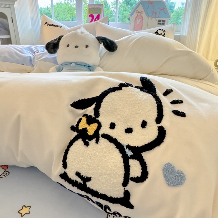 91家纺网 家纺一手货源 找家纺 艾特你 2025新款三丽鸥水洗云朵棉毛巾绣四件套-三丽鸥 调皮狗-白