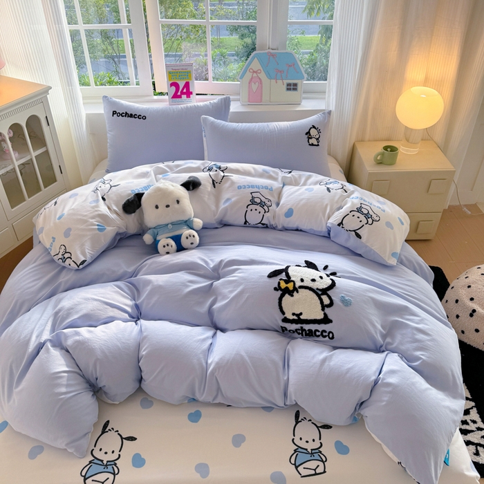 91家纺网 家纺一手货源 找家纺 艾特你 2025新款三丽鸥水洗云朵棉毛巾绣四件套-三丽鸥 调皮狗-蓝