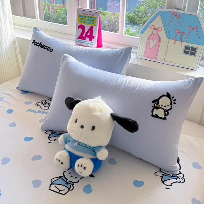 91家纺网 家纺一手货源 找家纺 艾特你 2025新款三丽鸥水洗云朵棉毛巾绣四件套-三丽鸥 调皮狗-蓝