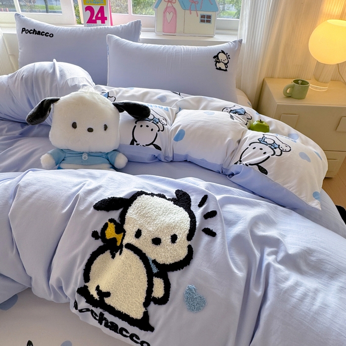 91家纺网 家纺一手货源 找家纺 艾特你 2025新款三丽鸥水洗云朵棉毛巾绣四件套-三丽鸥 调皮狗-蓝