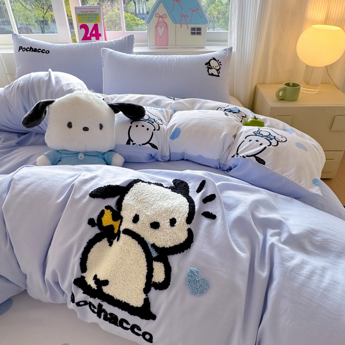 91家纺网 家纺一手货源 找家纺 艾特你 2025新款三丽鸥水洗云朵棉毛巾绣四件套-三丽鸥 调皮狗-蓝