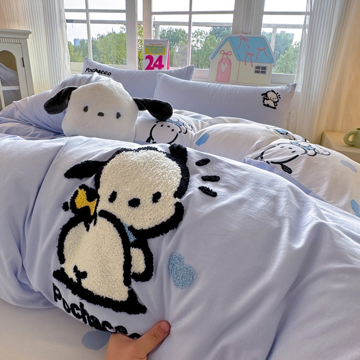 91家纺网 家纺一手货源 找家纺 艾特你 2025新款三丽鸥水洗云朵棉毛巾绣四件套-三丽鸥 调皮狗-蓝