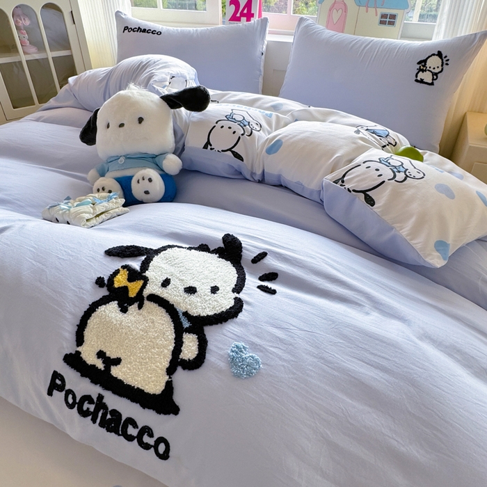 91家纺网 家纺一手货源 找家纺 艾特你 2025新款三丽鸥水洗云朵棉毛巾绣四件套-三丽鸥 调皮狗-蓝