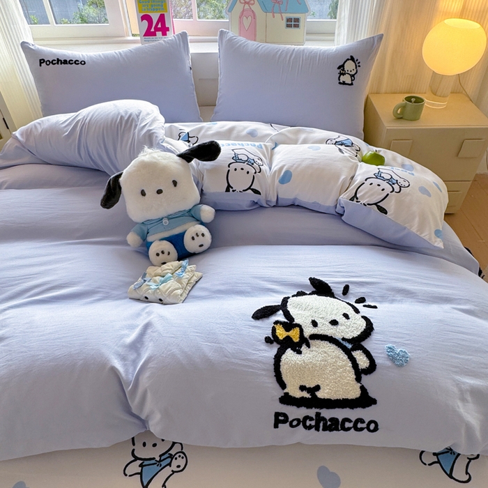 91家纺网 家纺一手货源 找家纺 艾特你 2025新款三丽鸥水洗云朵棉毛巾绣四件套-三丽鸥 调皮狗-蓝