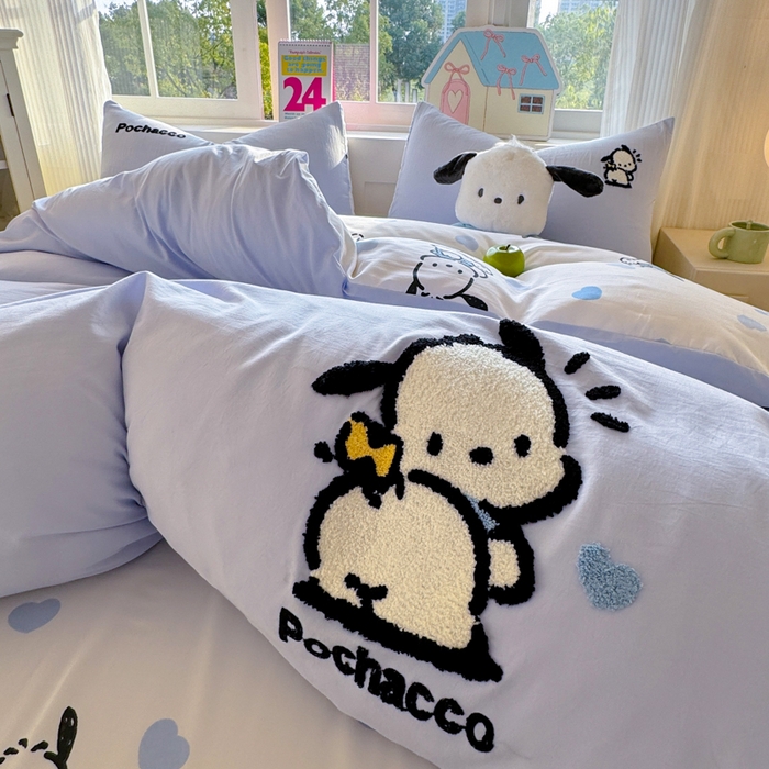 91家纺网 家纺一手货源 找家纺 艾特你 2025新款三丽鸥水洗云朵棉毛巾绣四件套-三丽鸥 调皮狗-蓝