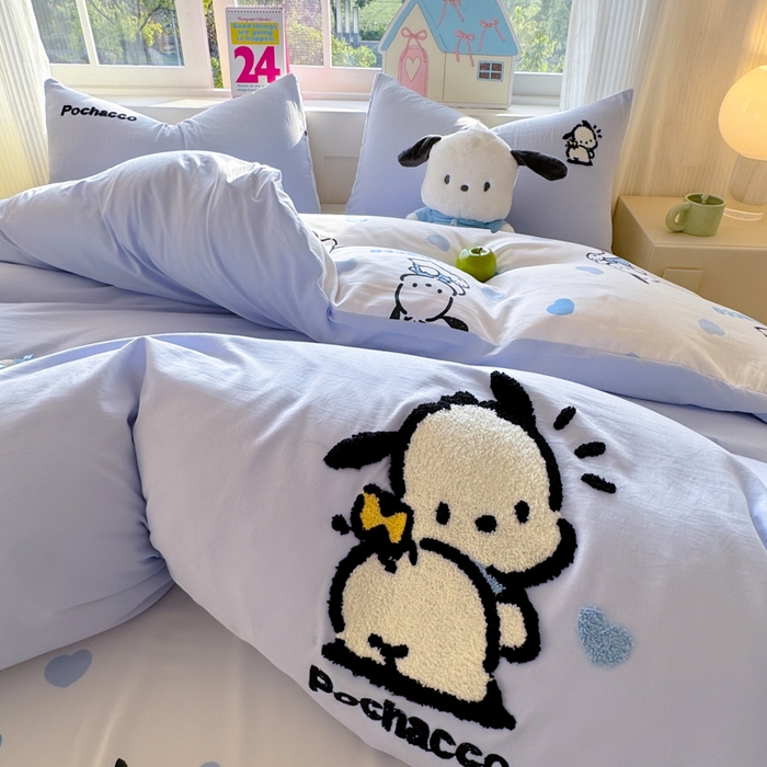 91家纺网 家纺一手货源 找家纺 艾特你 2025新款三丽鸥水洗云朵棉毛巾绣四件套-三丽鸥 调皮狗-蓝