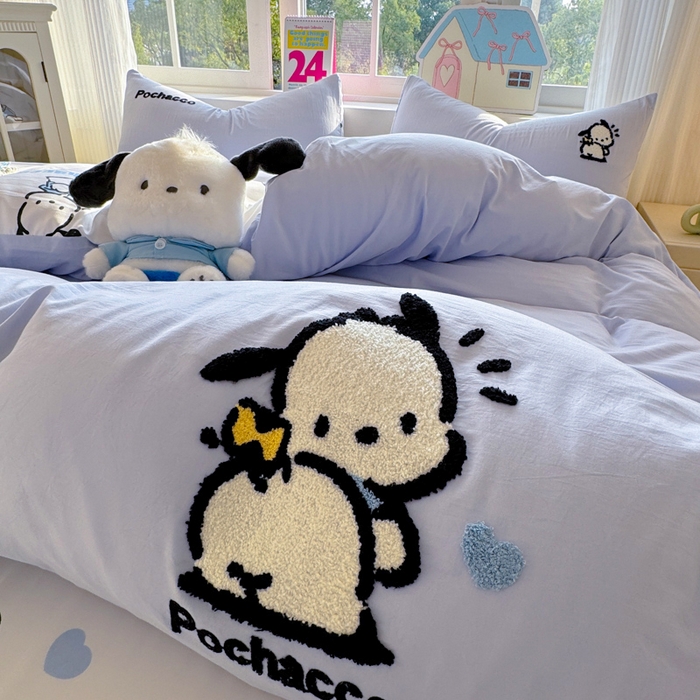 91家纺网 家纺一手货源 找家纺 艾特你 2025新款三丽鸥水洗云朵棉毛巾绣四件套-三丽鸥 调皮狗-蓝