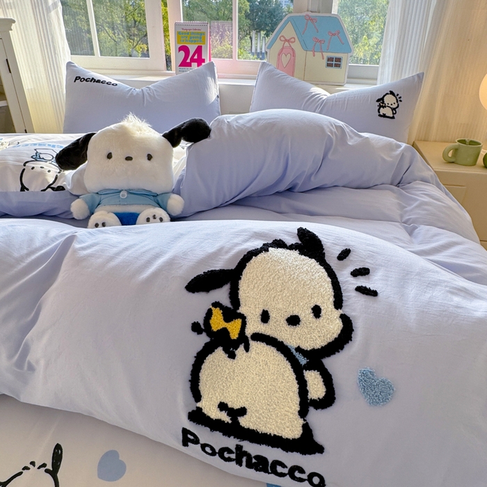 91家纺网 家纺一手货源 找家纺 艾特你 2025新款三丽鸥水洗云朵棉毛巾绣四件套-三丽鸥 调皮狗-蓝