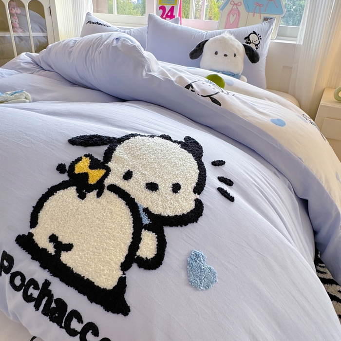 91家纺网 家纺一手货源 找家纺 艾特你 2025新款三丽鸥水洗云朵棉毛巾绣四件套-三丽鸥 调皮狗-蓝