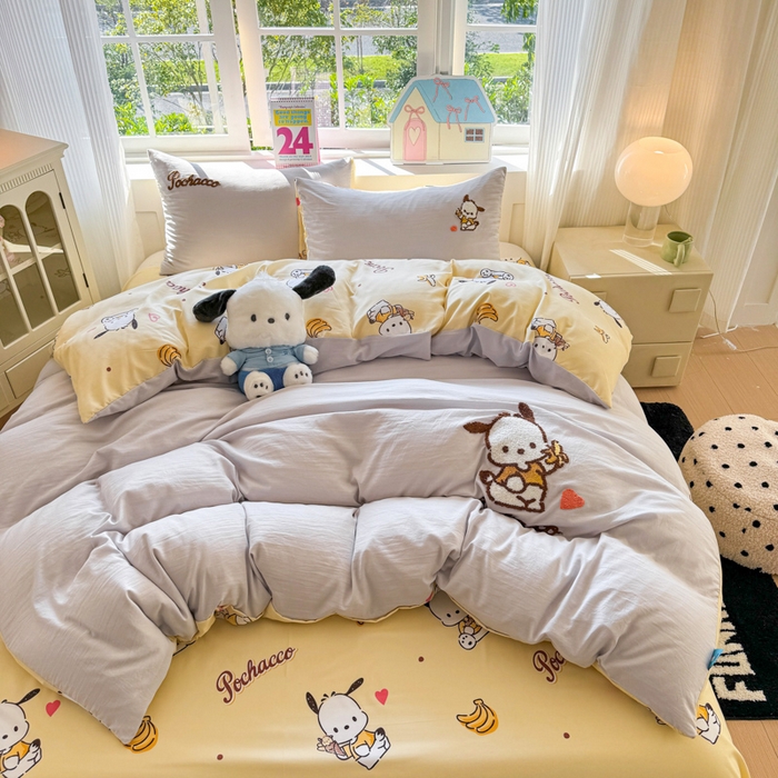 91家纺网 家纺一手货源 找家纺 艾特你 2025新款三丽鸥水洗云朵棉毛巾绣四件套-三丽鸥 香蕉狗