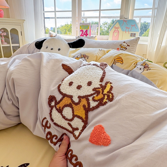 91家纺网 家纺一手货源 找家纺 艾特你 2025新款三丽鸥水洗云朵棉毛巾绣四件套-三丽鸥 香蕉狗