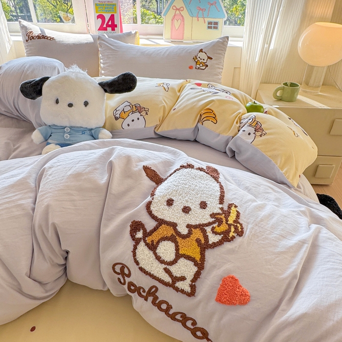 91家纺网 家纺一手货源 找家纺 艾特你 2025新款三丽鸥水洗云朵棉毛巾绣四件套-三丽鸥 香蕉狗