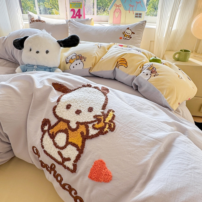 91家纺网 家纺一手货源 找家纺 艾特你 2025新款三丽鸥水洗云朵棉毛巾绣四件套-三丽鸥 香蕉狗