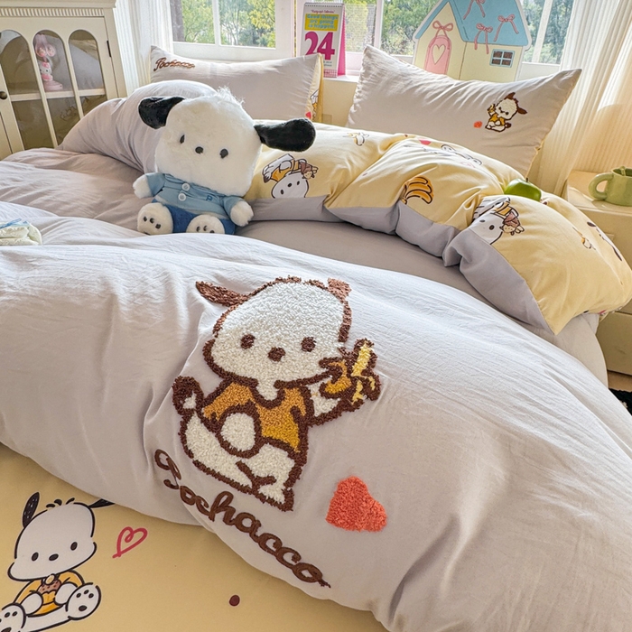 91家纺网 家纺一手货源 找家纺 艾特你 2025新款三丽鸥水洗云朵棉毛巾绣四件套-三丽鸥 香蕉狗