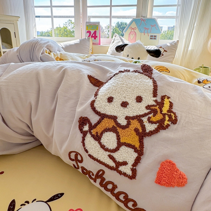 91家纺网 家纺一手货源 找家纺 艾特你 2025新款三丽鸥水洗云朵棉毛巾绣四件套-三丽鸥 香蕉狗