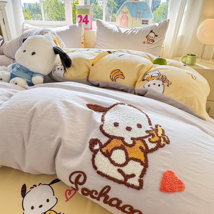 91家纺网 家纺一手货源 找家纺 艾特你 2025新款三丽鸥水洗云朵棉毛巾绣四件套-三丽鸥 香蕉狗