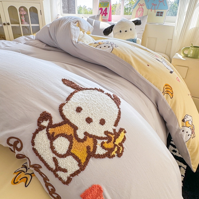 91家纺网 家纺一手货源 找家纺 艾特你 2025新款三丽鸥水洗云朵棉毛巾绣四件套-三丽鸥 香蕉狗