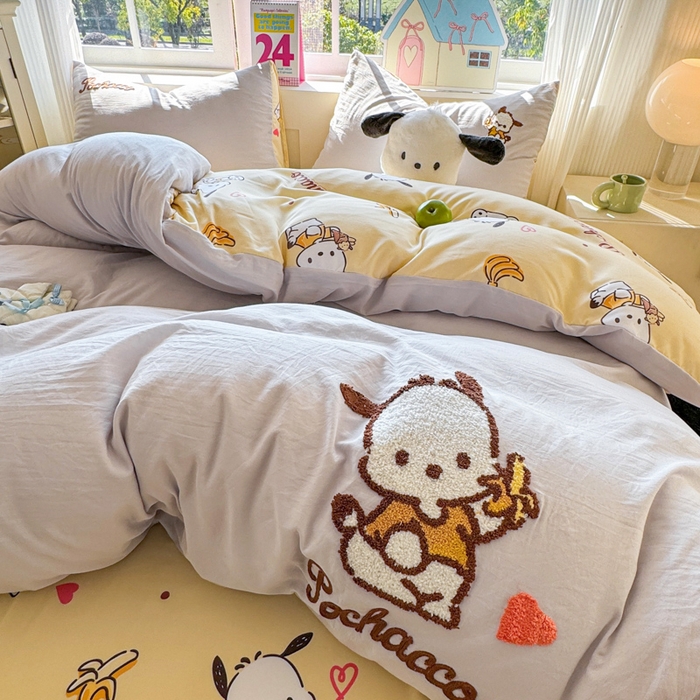 91家纺网 家纺一手货源 找家纺 艾特你 2025新款三丽鸥水洗云朵棉毛巾绣四件套-三丽鸥 香蕉狗