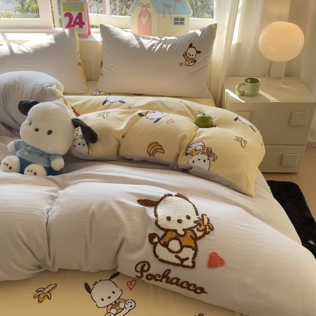 91家纺网 家纺一手货源 找家纺 艾特你 2025新款三丽鸥水洗云朵棉毛巾绣四件套-三丽鸥 香蕉狗