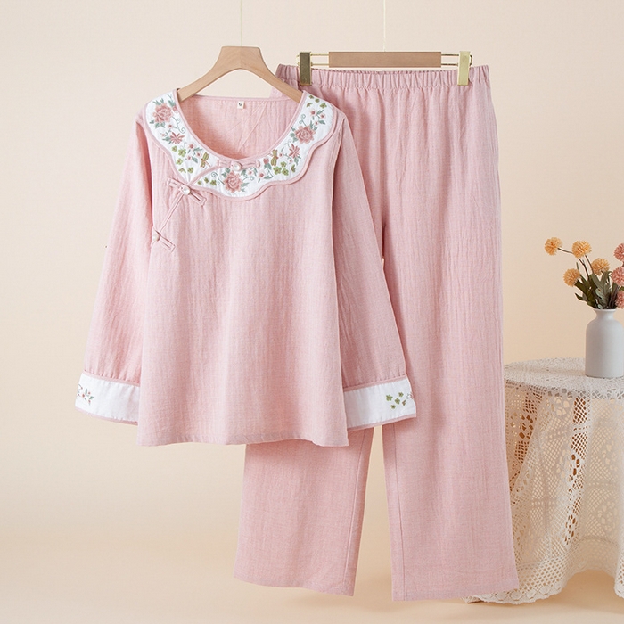 （总）洛兰沙家居馆【只代发】【只代发】 2025新国风简约纯色重工绣花棉麻睡衣长袖春秋薄款女士家居服套装可外穿