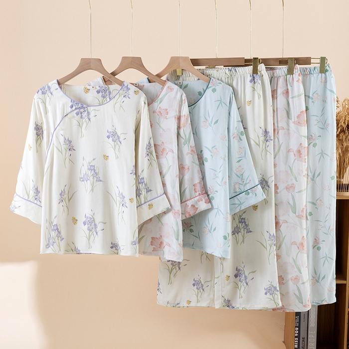 （总）【只代发】2025新款新中式竹棉睡衣女春夏薄款竹纤维九分袖家居服套装夏季国风可外穿