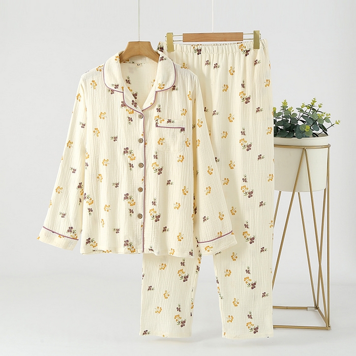 91家纺网 家纺一手货源 找家纺 （总）洛兰沙家居馆【只代发】【只代发】2025新款日系简约纯棉双层纱布女士睡衣春秋夏季薄款长袖长裤可外穿家居服