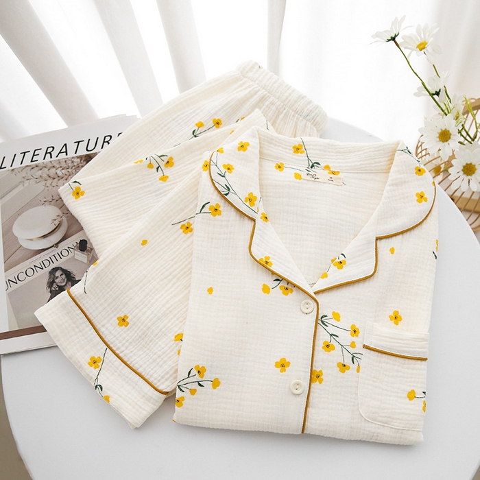 91家纺网 家纺一手货源 找家纺 （总）洛兰沙家居馆【只代发】【只代发】2025新款日系简约纯棉双层纱布女士睡衣春秋夏季薄款长袖长裤可外穿家居服