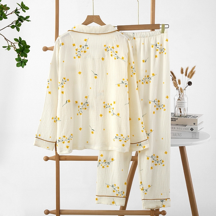 91家纺网 家纺一手货源 找家纺 （总）洛兰沙家居馆【只代发】【只代发】2025新款日系简约纯棉双层纱布女士睡衣春秋夏季薄款长袖长裤可外穿家居服