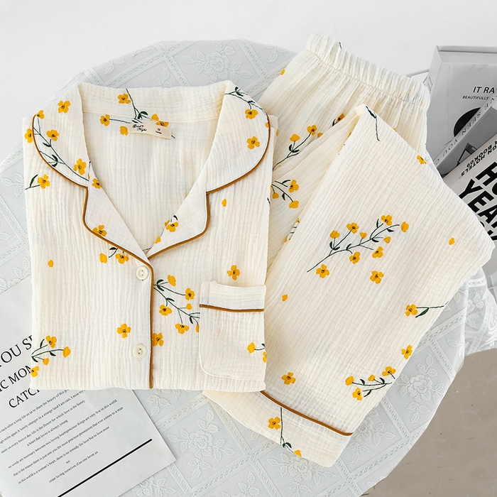 91家纺网 家纺一手货源 找家纺 （总）洛兰沙家居馆【只代发】【只代发】2025新款日系简约纯棉双层纱布女士睡衣春秋夏季薄款长袖长裤可外穿家居服