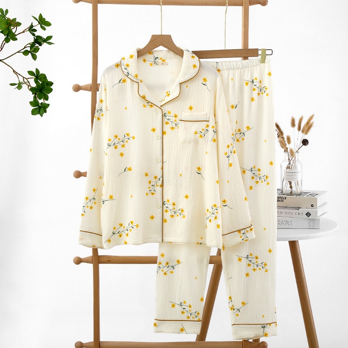 91家纺网 家纺一手货源 找家纺 （总）洛兰沙家居馆【只代发】【只代发】2025新款日系简约纯棉双层纱布女士睡衣春秋夏季薄款长袖长裤可外穿家居服