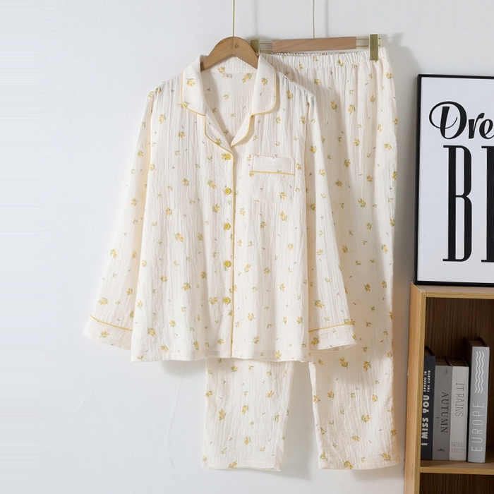 91家纺网 家纺一手货源 找家纺 （总）洛兰沙家居馆【只代发】【只代发】2025新款日系简约纯棉双层纱布女士睡衣春秋夏季薄款长袖长裤可外穿家居服