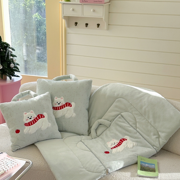 91家纺网 家纺一手货源 找家纺 多米家居 2025新款抱枕被-围巾小狗系列 围巾小狗-薄荷绿