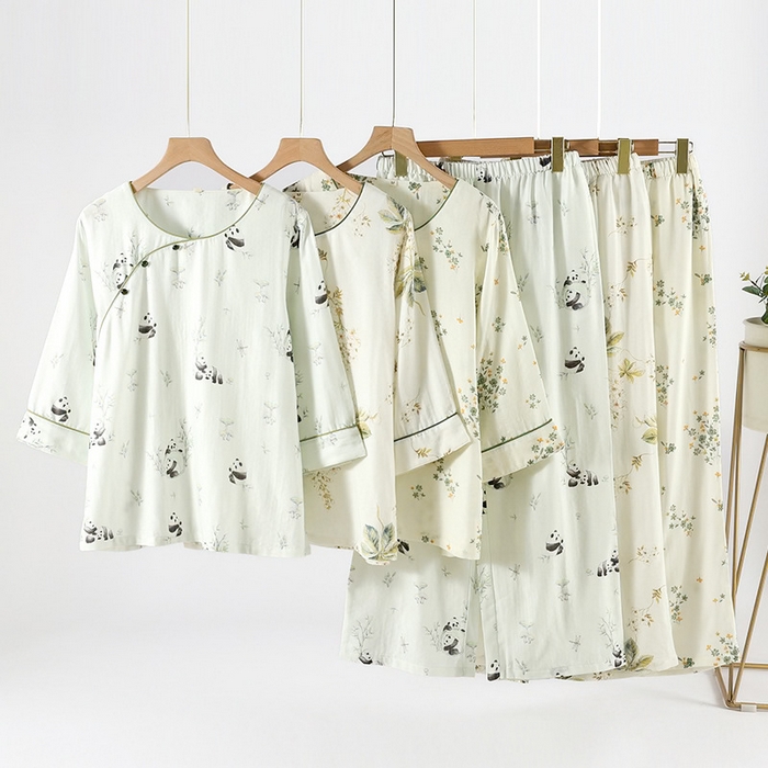 （总）洛兰沙家居馆【只代发】【只代发】2025新款新中式竹棉睡衣女春夏薄款竹纤维九分袖家居服套装夏季国风可外穿