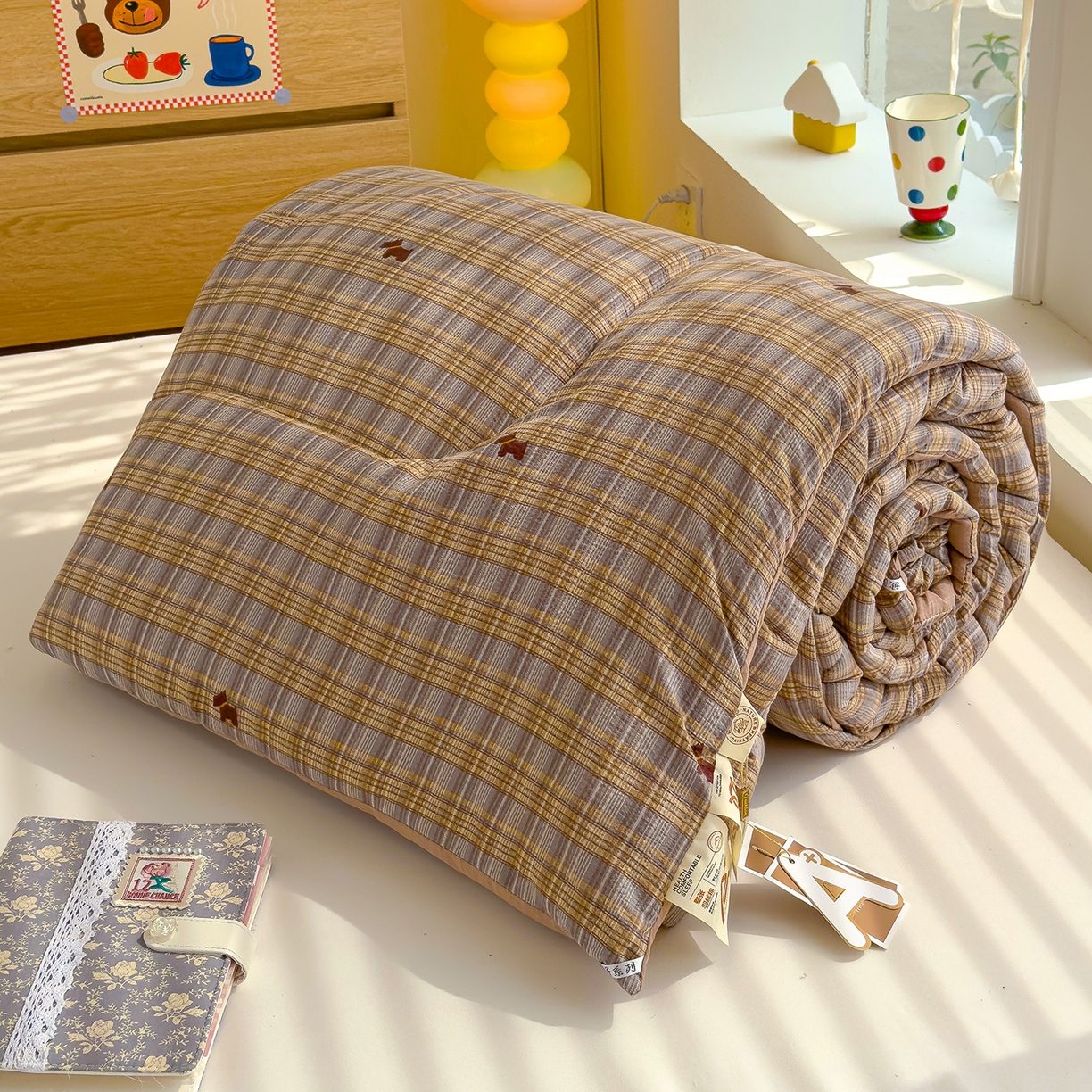 91家纺网 家纺一手货源 找家纺 弗苓家纺 2025新款A类云感有氧双层纱冬被被子被芯 格子奶咖