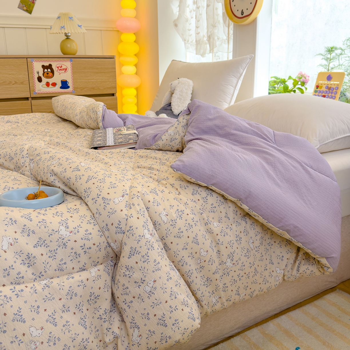 91家纺网 家纺一手货源 找家纺 弗苓家纺 2025新款A类云感有氧双层纱冬被被子被芯 花园兔