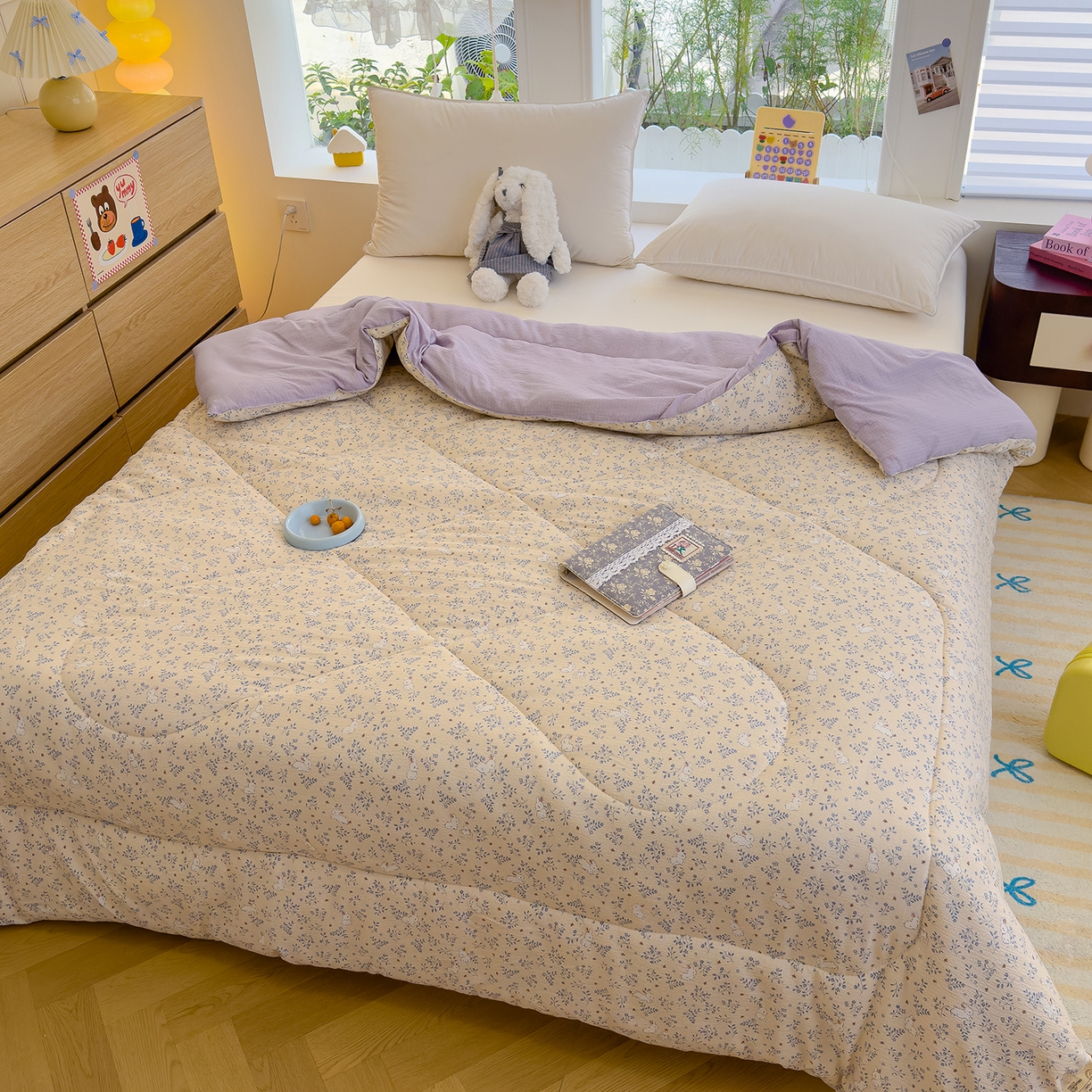 91家纺网 家纺一手货源 找家纺 弗苓家纺 2025新款A类云感有氧双层纱冬被被子被芯 花园兔