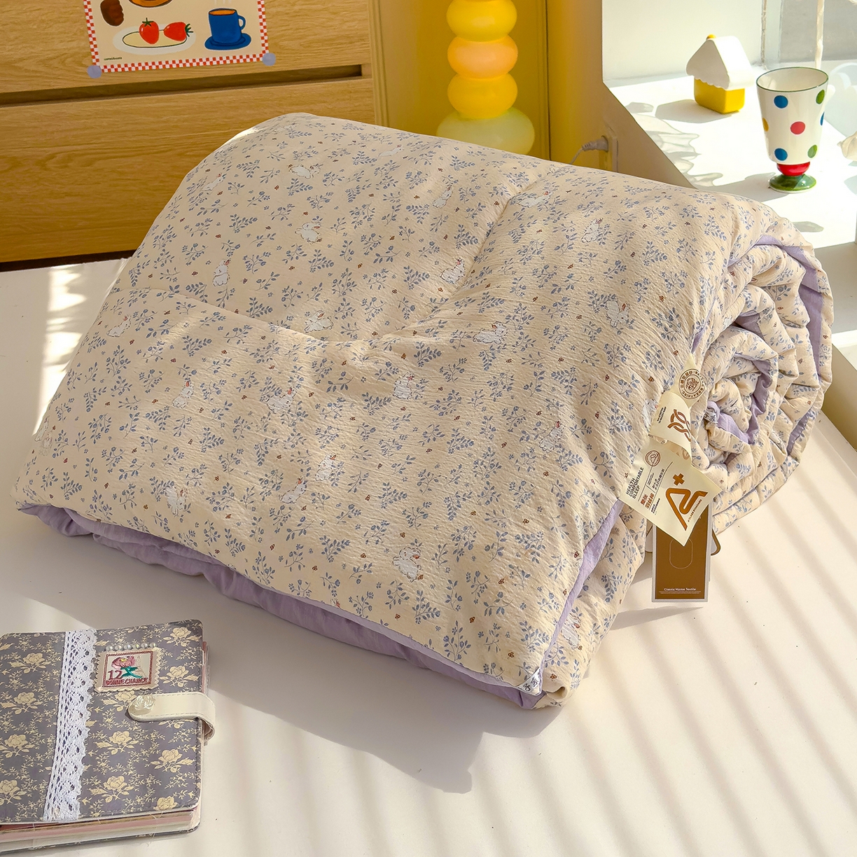 91家纺网 家纺一手货源 找家纺 弗苓家纺 2025新款A类云感有氧双层纱冬被被子被芯 花园兔