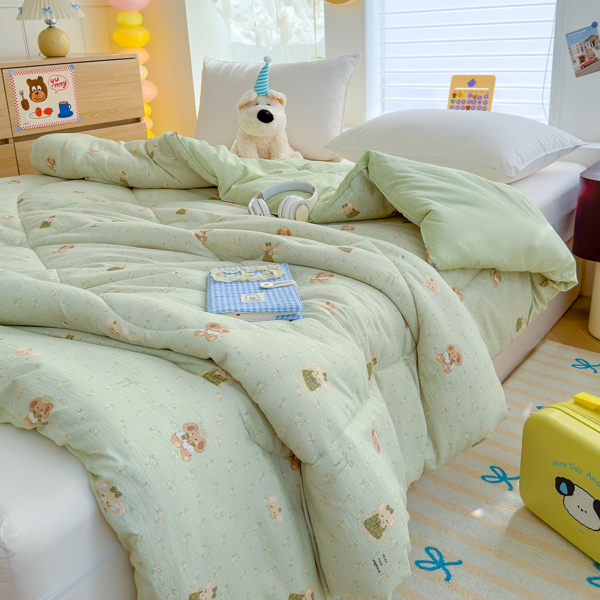 91家纺网 家纺一手货源 找家纺 弗苓家纺 2025新款A类云感有氧双层纱冬被被子被芯 绿象泡泡