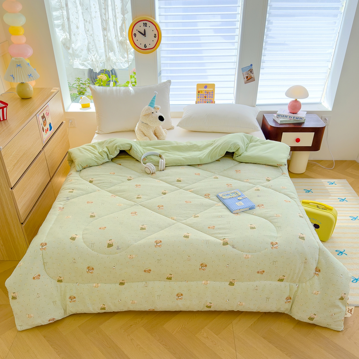 91家纺网 家纺一手货源 找家纺 弗苓家纺 2025新款A类云感有氧双层纱冬被被子被芯 绿象泡泡