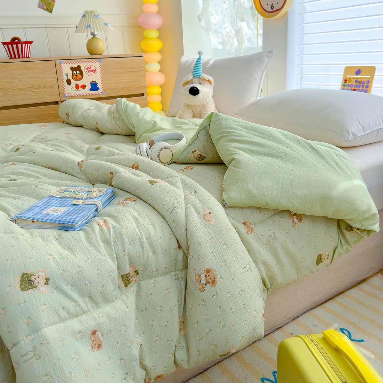 91家纺网 家纺一手货源 找家纺 弗苓家纺 2025新款A类云感有氧双层纱冬被被子被芯 绿象泡泡