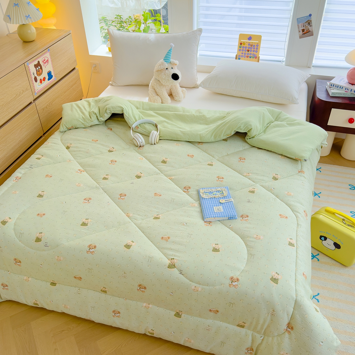 91家纺网 家纺一手货源 找家纺 弗苓家纺 2025新款A类云感有氧双层纱冬被被子被芯 绿象泡泡