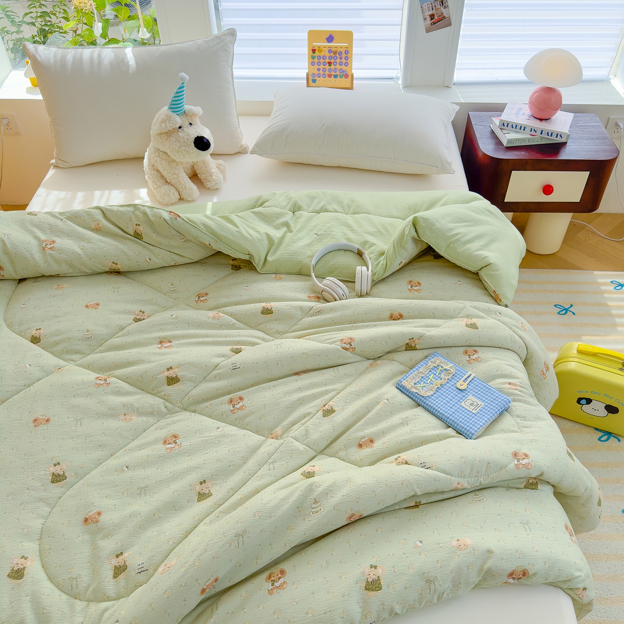 91家纺网 家纺一手货源 找家纺 弗苓家纺 2025新款A类云感有氧双层纱冬被被子被芯 绿象泡泡