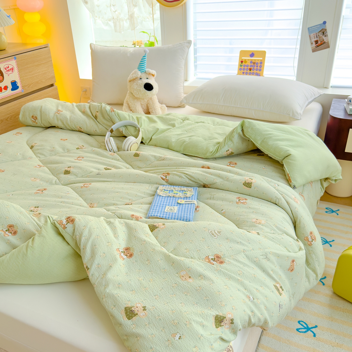 91家纺网 家纺一手货源 找家纺 弗苓家纺 2025新款A类云感有氧双层纱冬被被子被芯 绿象泡泡