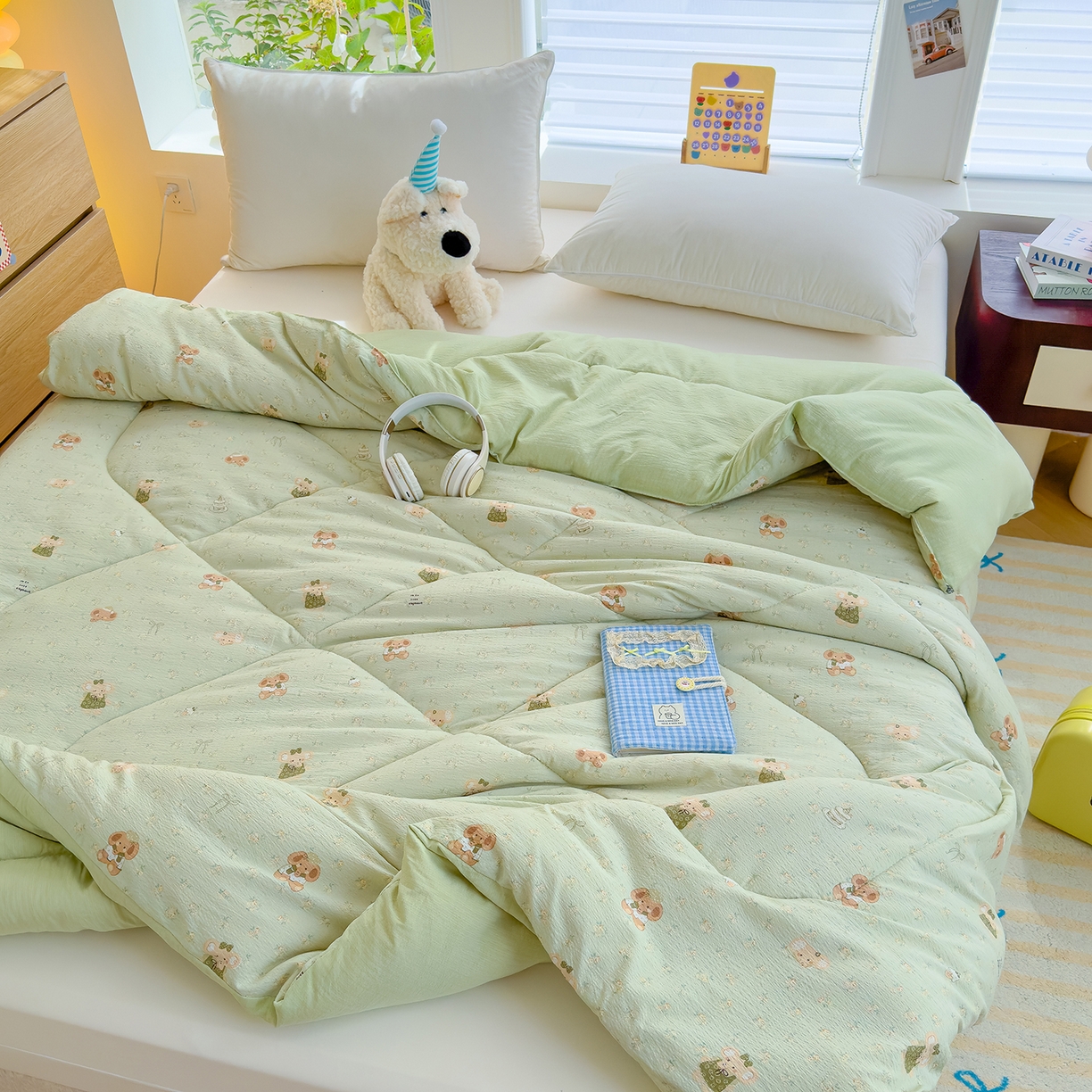 91家纺网 家纺一手货源 找家纺 弗苓家纺 2025新款A类云感有氧双层纱冬被被子被芯 绿象泡泡