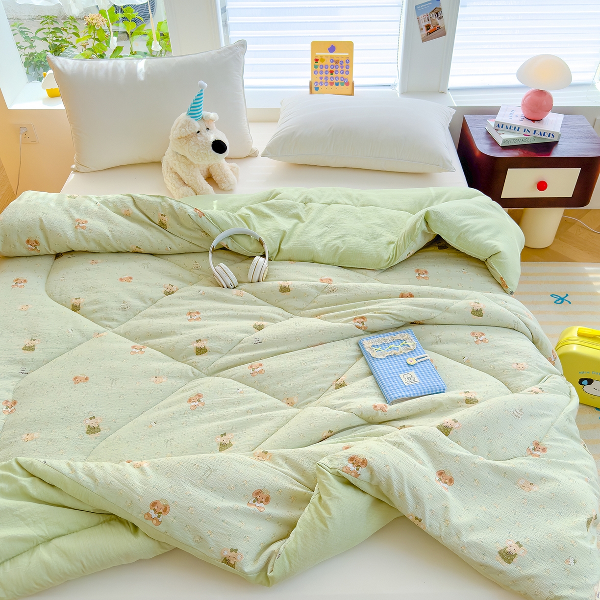 91家纺网 家纺一手货源 找家纺 弗苓家纺 2025新款A类云感有氧双层纱冬被被子被芯 绿象泡泡