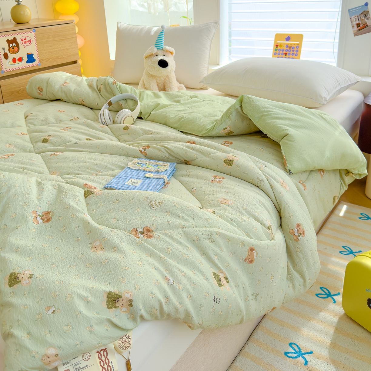 91家纺网 家纺一手货源 找家纺 弗苓家纺 2025新款A类云感有氧双层纱冬被被子被芯 绿象泡泡